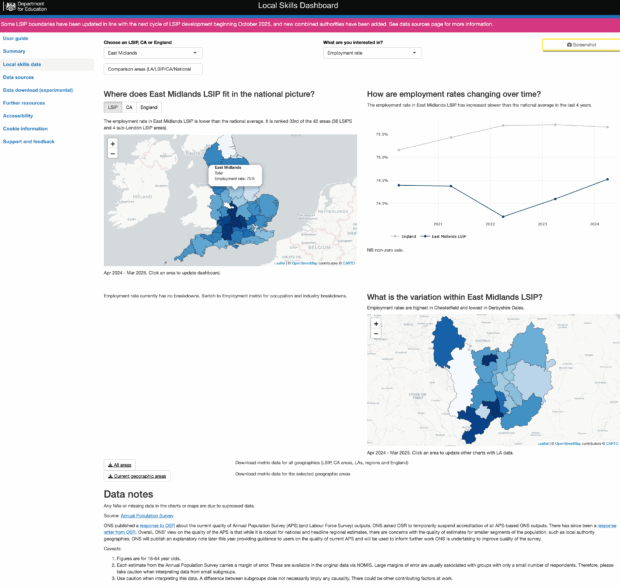 A screenshot of the interactive map featured on the local skills data page of the local skills dashboard. This screenshot shows that the East Midlands has been selected, and surrounding the map, data for that area is shown.
