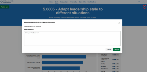 A screenshot showing the page for 'S.0005 - Adapt leadership style to different situations' with the "provide feedback" icon circled in the top right hand corner. In the middle of the page, a free-text feedback box is shown.