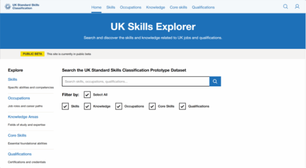 A screenshot of the UK Skills Explorer home page